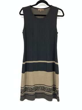 Perry Ellis Knit Sheath Dress Womens Size Medium Black Tan Sleeveless Scoopneck